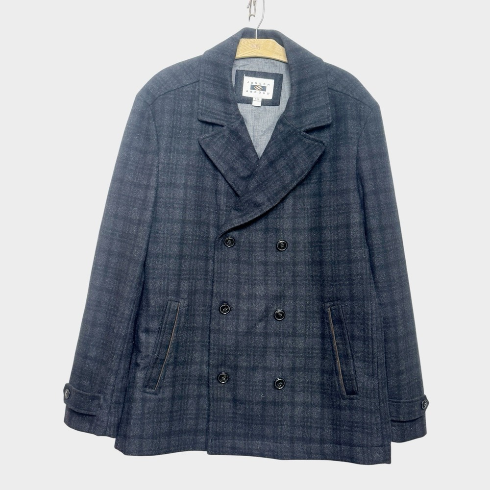 Joseph Abboud Gray Plaid Wool Blend XXL Double-Breasted Button-Up Lined Pea Coat
